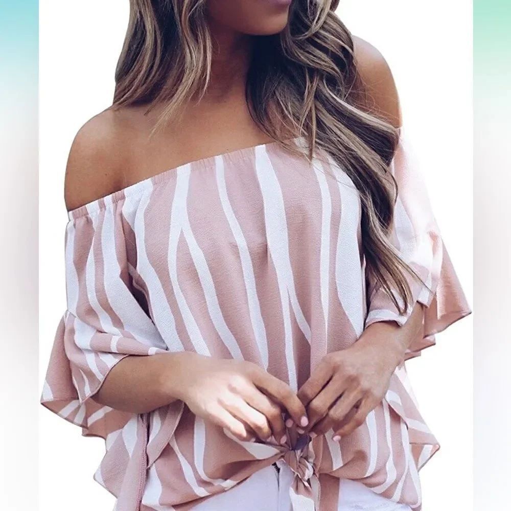 Asvivid Pink & White Off The Shoulder Top Flare Sleeve Tie Knot Blouses Size 2X